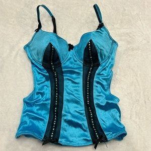 Blue faux lace up sheer panel bustier corset with peekaboo side cutouts